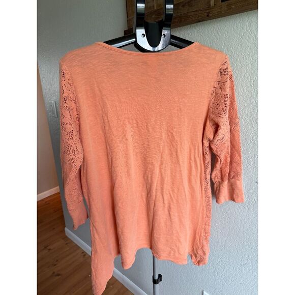 Sundance Orange Lacey Mixed Media Boho Feminine Stretch Knit Top 3/4 Sleeve L - Picture 2 of 3